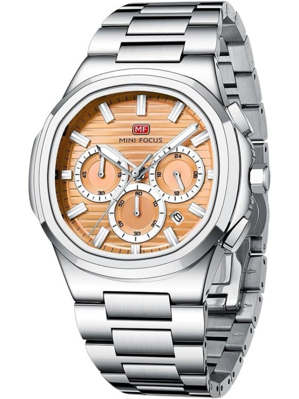 Men's Light Orange Stainless Steel Band Chronograph Waterproof Luminous Watch